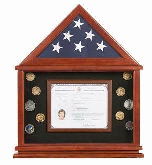 Elegant Cherry Certificate Holder with real glass panels and black felt background, showcasing a 3x5 flag.