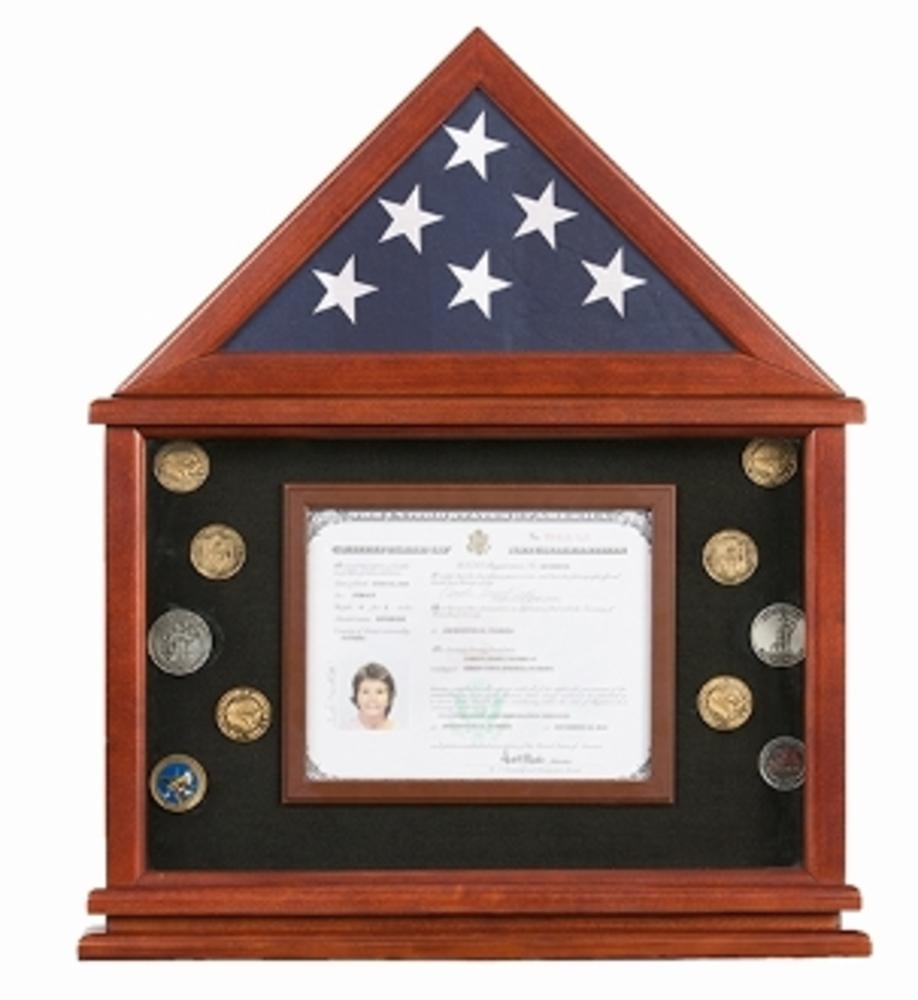 Elegant Certificate Holder with real glass panels and black felt background, showcasing a 3x5 flag.