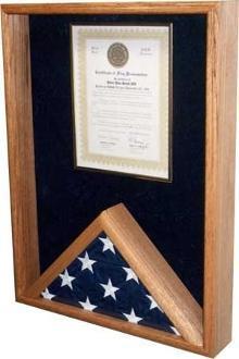 Walnut Certificate Holder and Flag Display Case showcasing a diploma and flag, elegantly designed with a glass front.