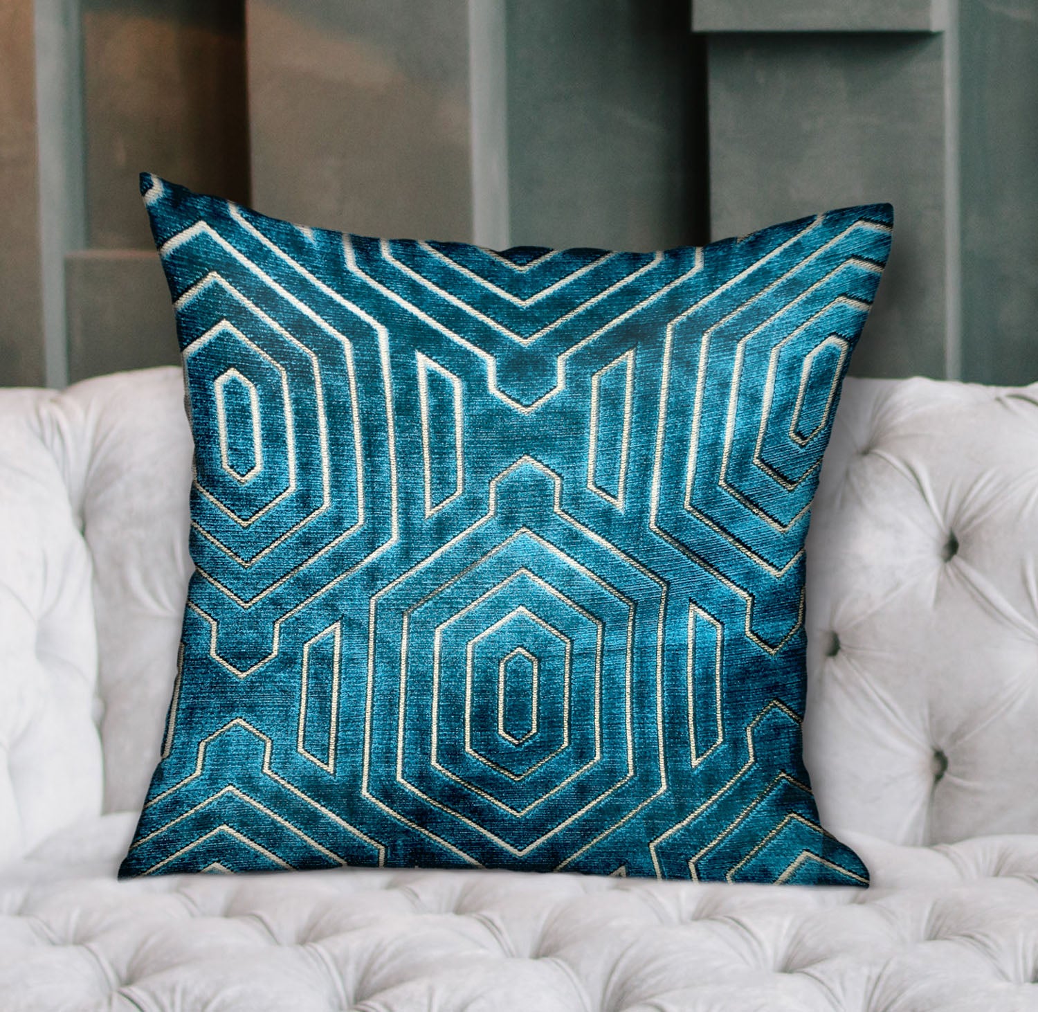 Cerulean blue geometric luxury throw pillow with handcrafted fabric and invisible zipper, showcasing a modern design.