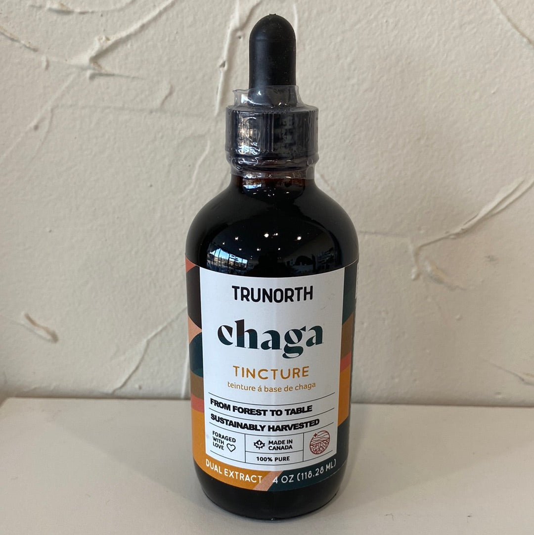 A 4 oz bottle of Chaga Tincture Dual Extract, showcasing its natural ingredients and sustainable packaging.