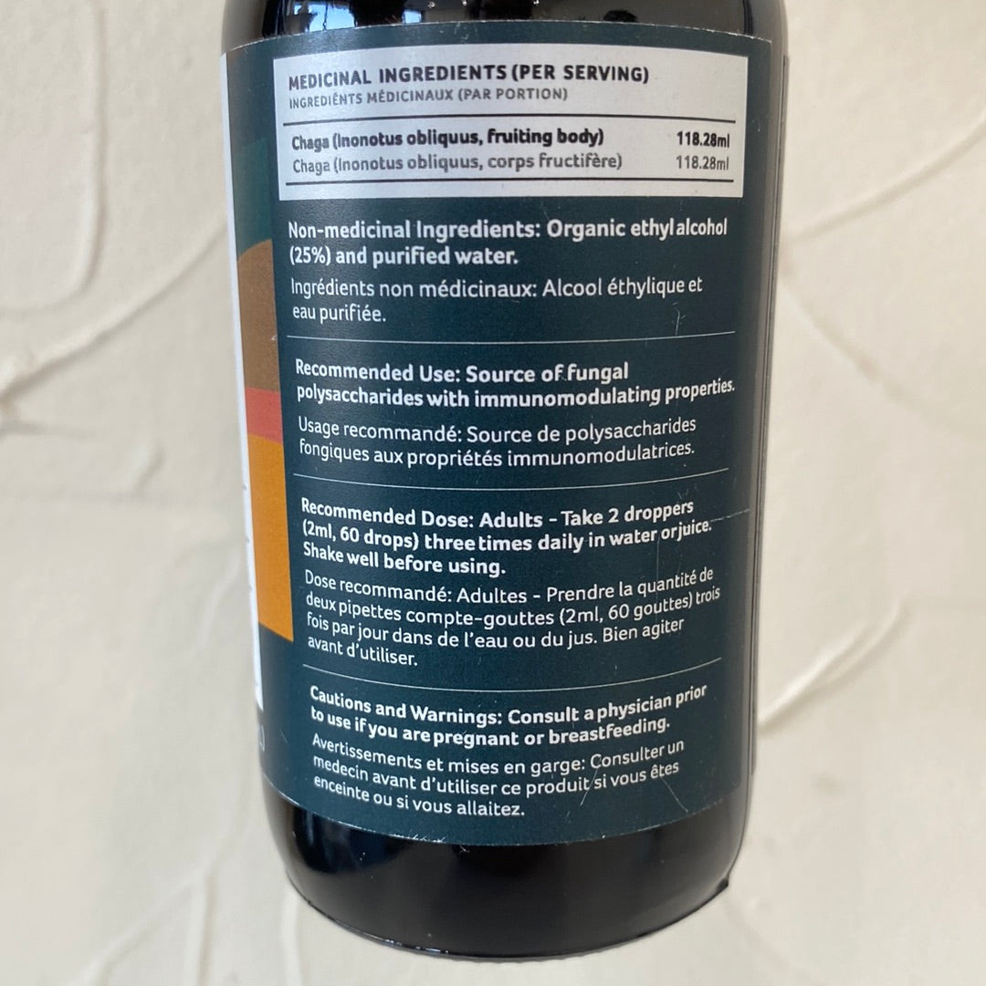 A 4 oz bottle of Chaga Tincture Dual Extract, showcasing its natural ingredients and sustainable packaging.