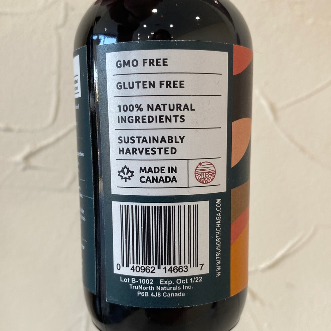 A 4 oz bottle of Chaga Tincture Dual Extract, showcasing its natural ingredients and sustainable packaging.