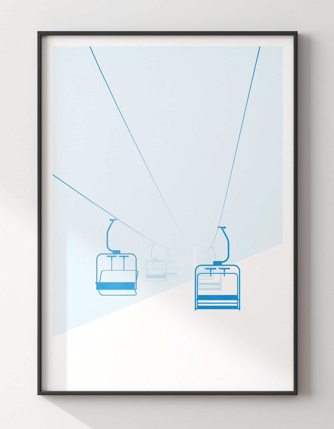 Vintage ski travel print featuring a chairlift in a snowy landscape, perfect for home decor.