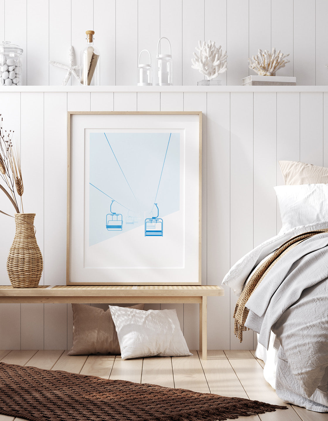 Vintage ski travel print featuring a chairlift in a snowy landscape, perfect for home decor.