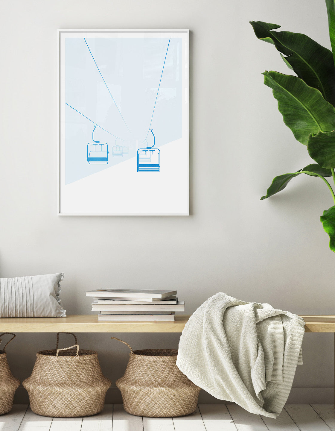 Vintage ski travel print featuring a chairlift in a snowy landscape, perfect for home decor.