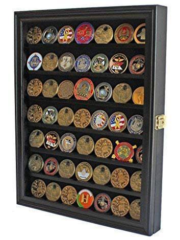 Elegant Challenge Coin Display Case with removable shelves and lockable glass door, showcasing military challenge coins and casino chips.