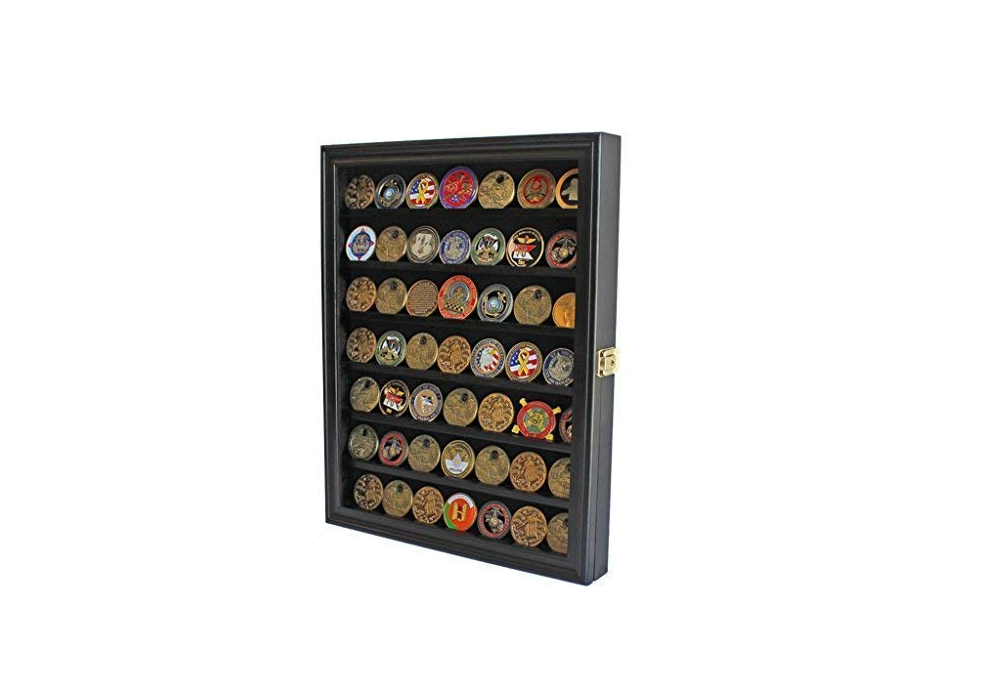 Elegant Challenge Coin Display Case with removable shelves and lockable glass door, showcasing military coins and casino chips.