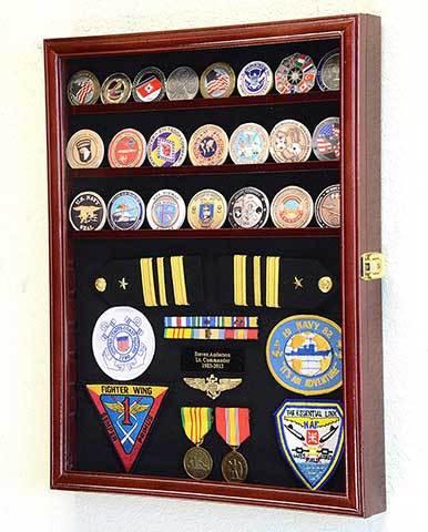 Handcrafted challenge coin display case made from Australian beech wood, featuring adjustable shelves and a black felt background.