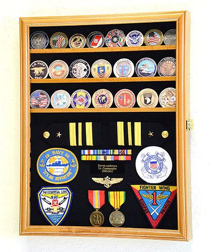 Elegant challenge coin display case made from Australian beech wood, featuring adjustable shelves and a black felt background.