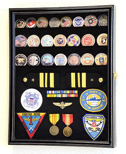 Handcrafted challenge coin display case made from Australian beech wood, featuring adjustable shelves and a black felt background.