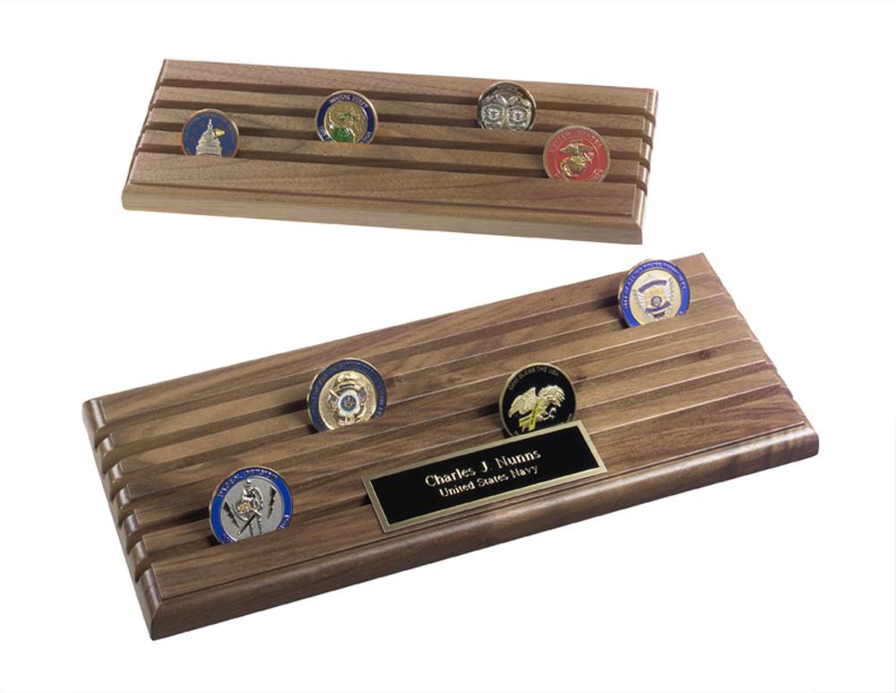 Handcrafted Challenge Coins Rack in warm oak wood, showcasing military challenge coins in a 4-row display.