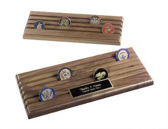 Handcrafted Challenge Coins Rack in oak wood displaying military challenge coins, featuring customizable engraving plate.