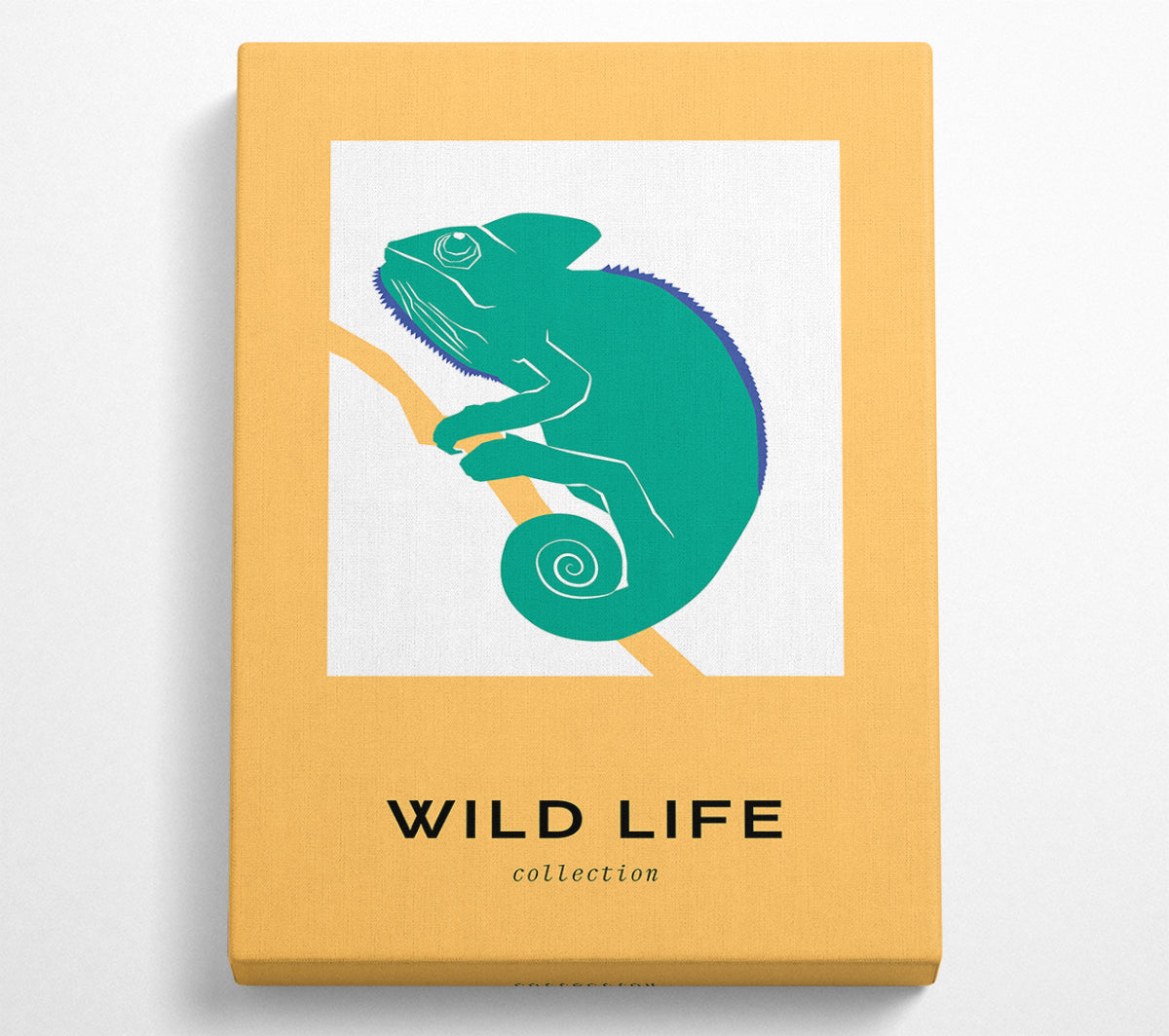 Vibrant Chameleon Charm artwork on coated polyester canvas, mounted on a sturdy 44mm box frame, ready to hang.