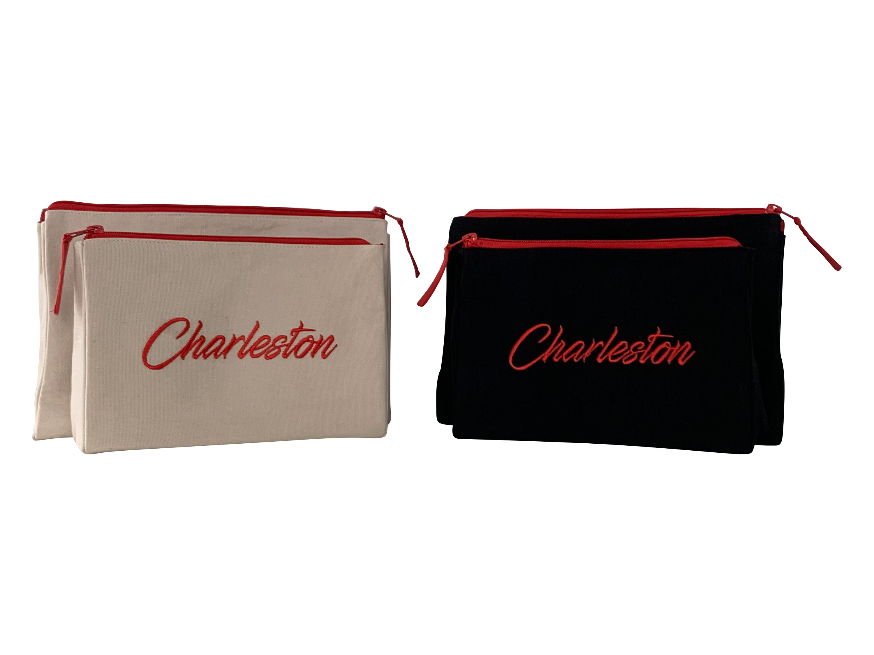 Charleston Makeup Bag set featuring embroidered skyline on cream and black cotton canvas with red waterproof lining.