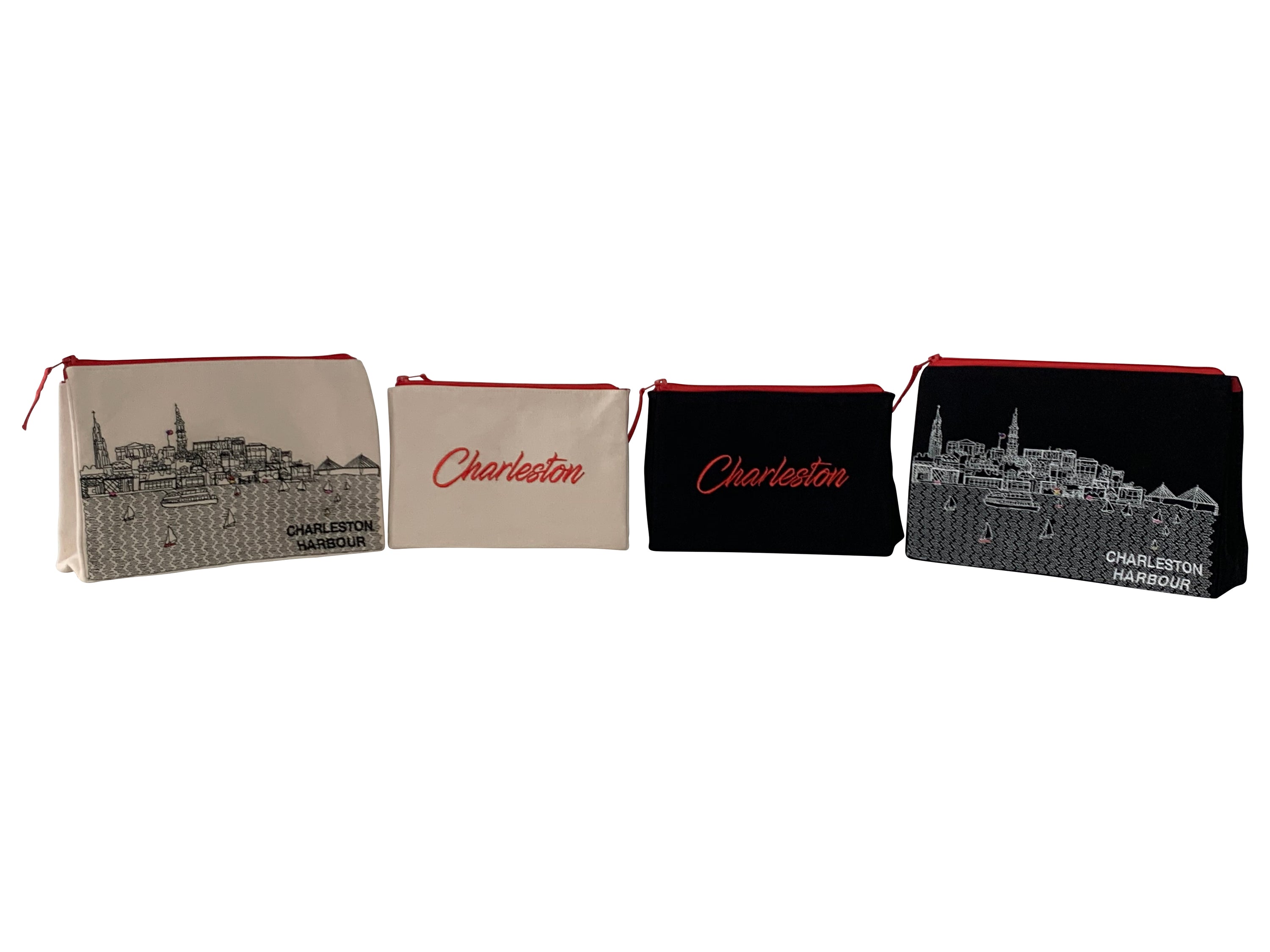 Charleston Makeup Bag set featuring embroidered skyline on cream and black cotton canvas with red waterproof lining.