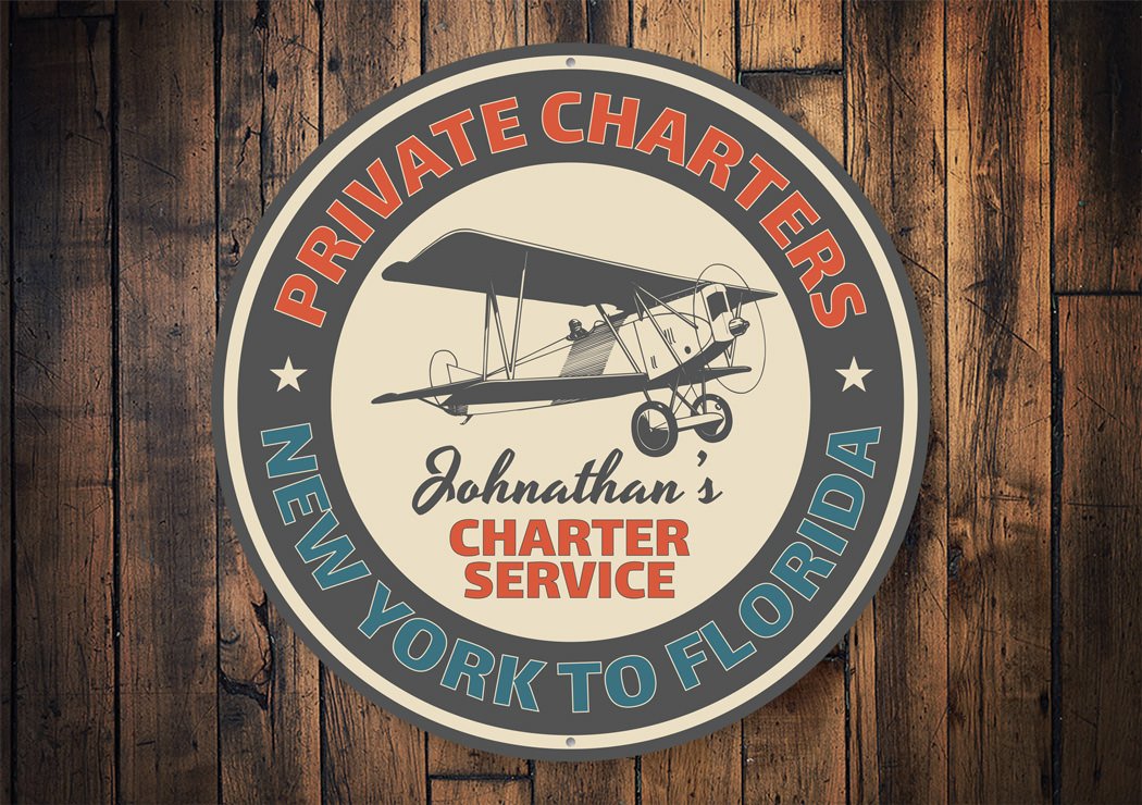 Charter Service Aviation Sign made of durable aluminum, featuring customizable text and pre-drilled holes for easy mounting.