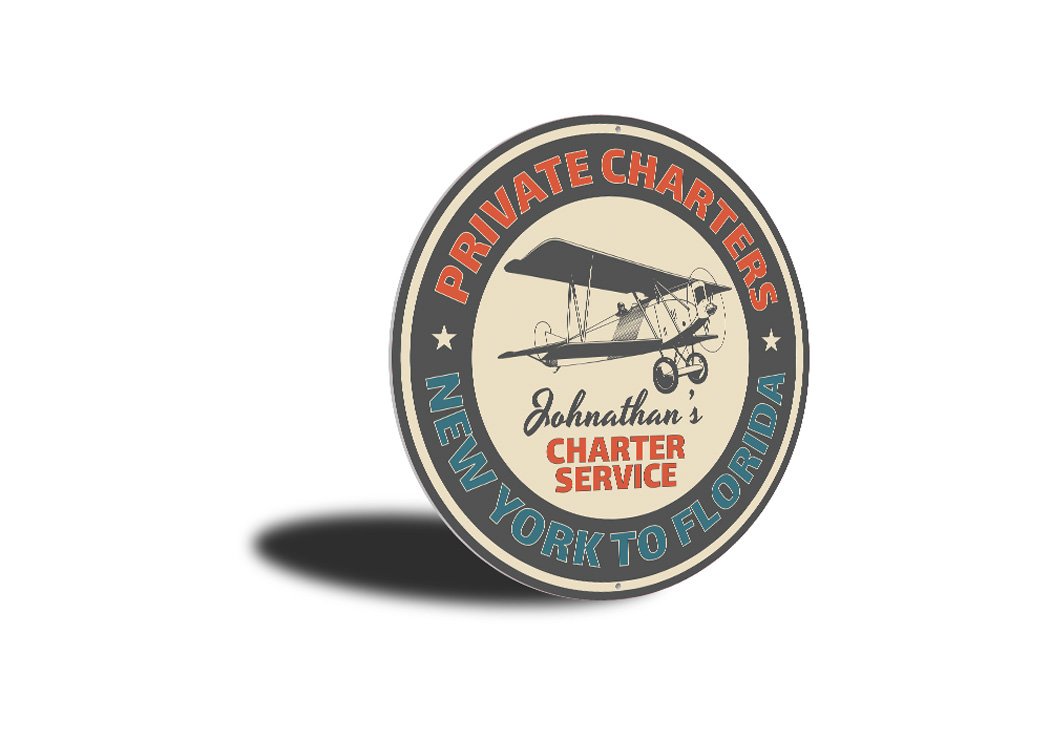 Charter Service Aviation Sign made of durable aluminum, featuring customizable text and pre-drilled holes for easy mounting.