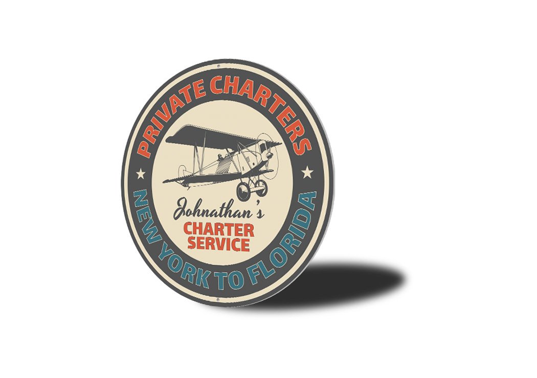 Charter Service Aviation Sign made of durable aluminum, featuring customizable text and pre-drilled holes for easy mounting.