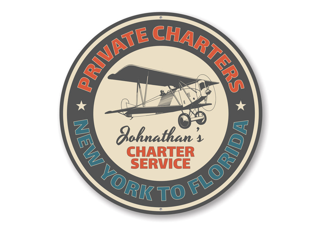 Charter Service Aviation Sign made of durable aluminum, featuring customizable text and pre-drilled holes for easy mounting.