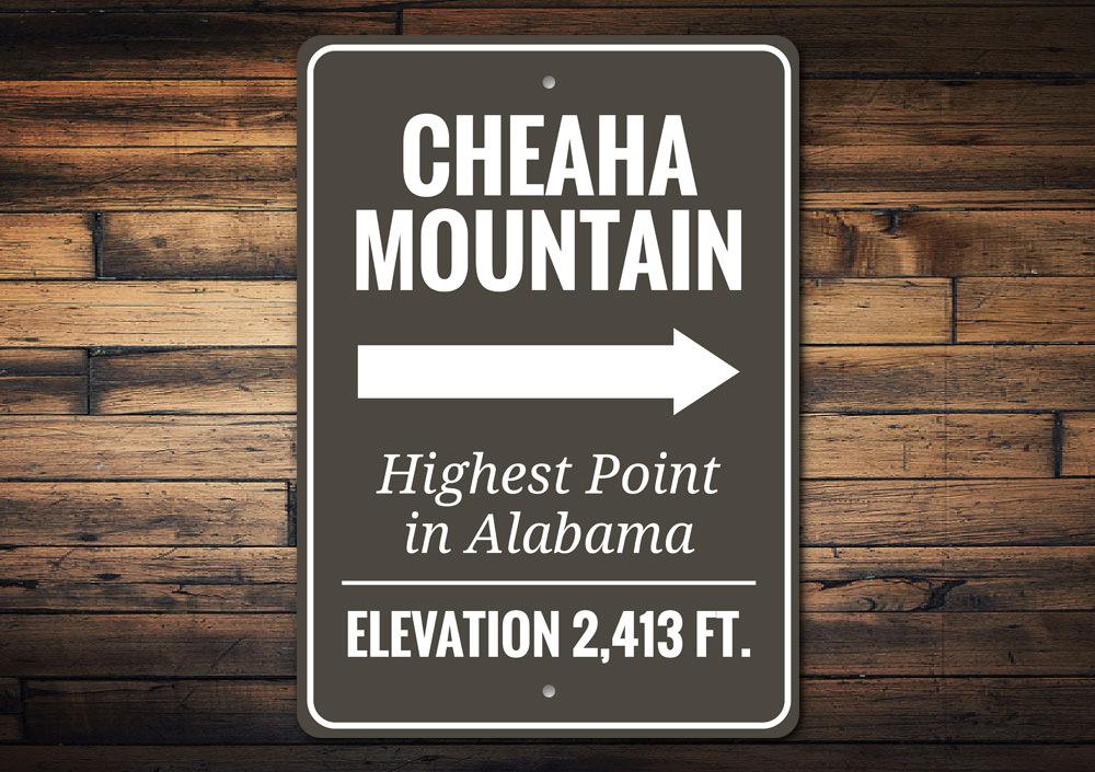 Cheaha Mountain Sign made of high-quality aluminum, featuring customizable text and pre-drilled holes for easy mounting.