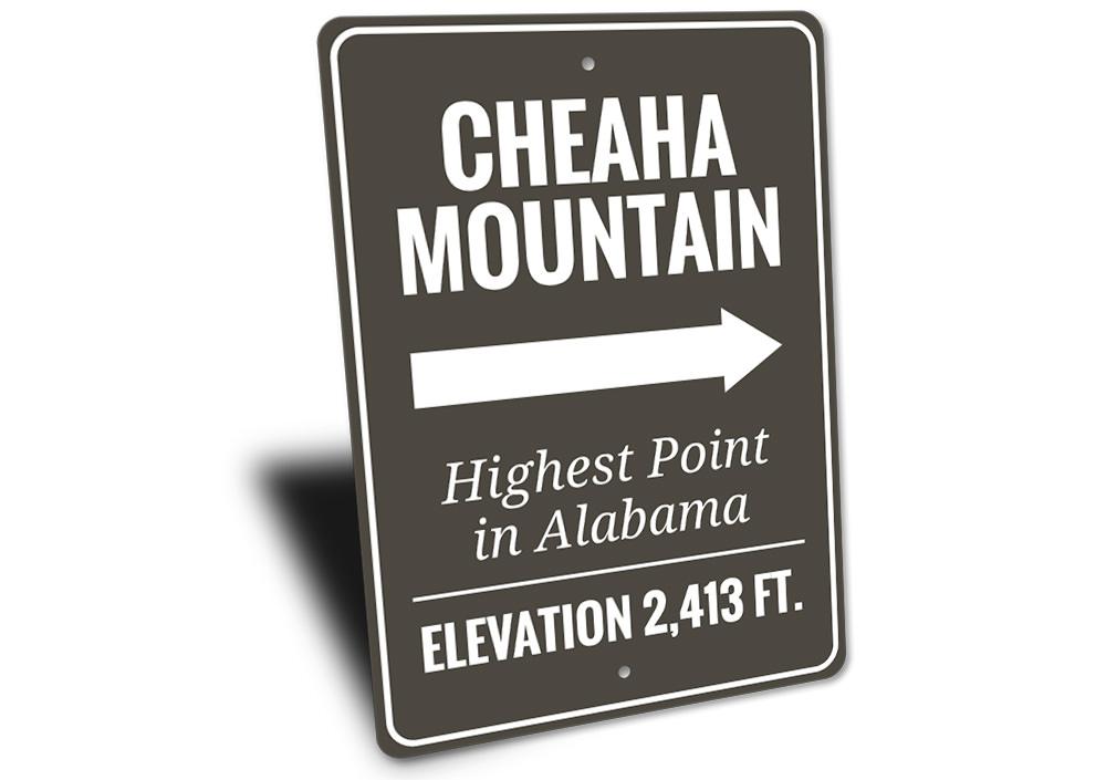 Cheaha Mountain Sign made of high-quality aluminum, featuring customizable text and pre-drilled holes for easy mounting.