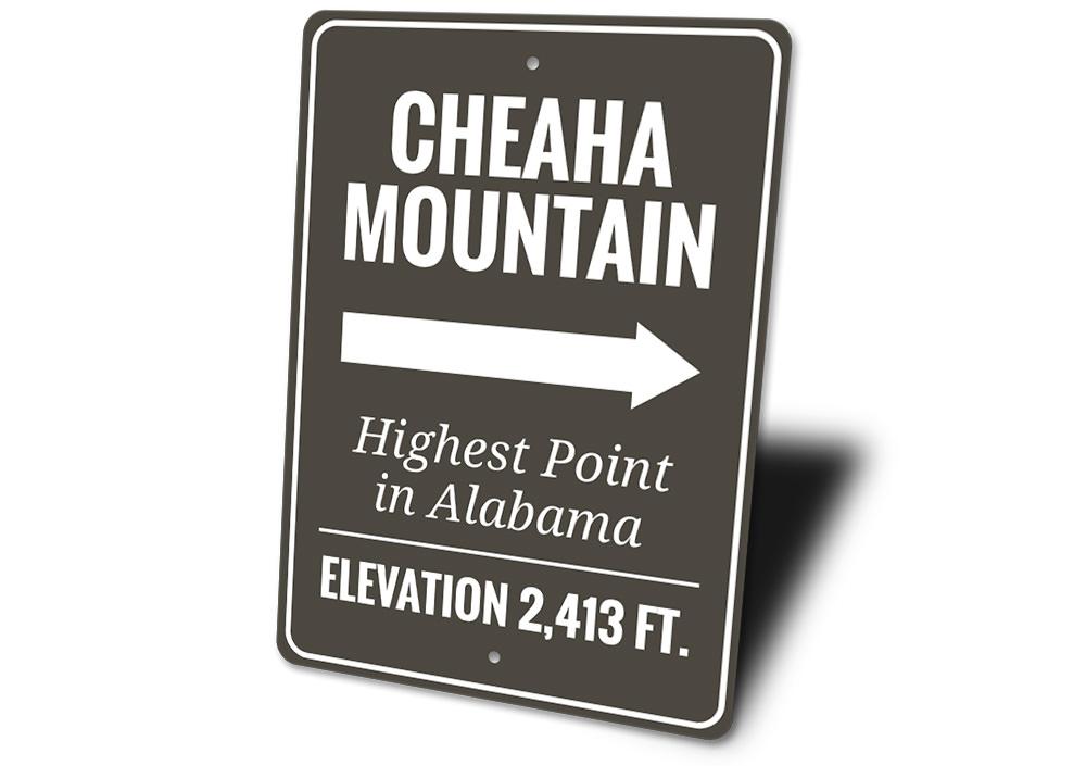 Cheaha Mountain Sign made of high-quality aluminum, featuring customizable text and pre-drilled holes for easy mounting.