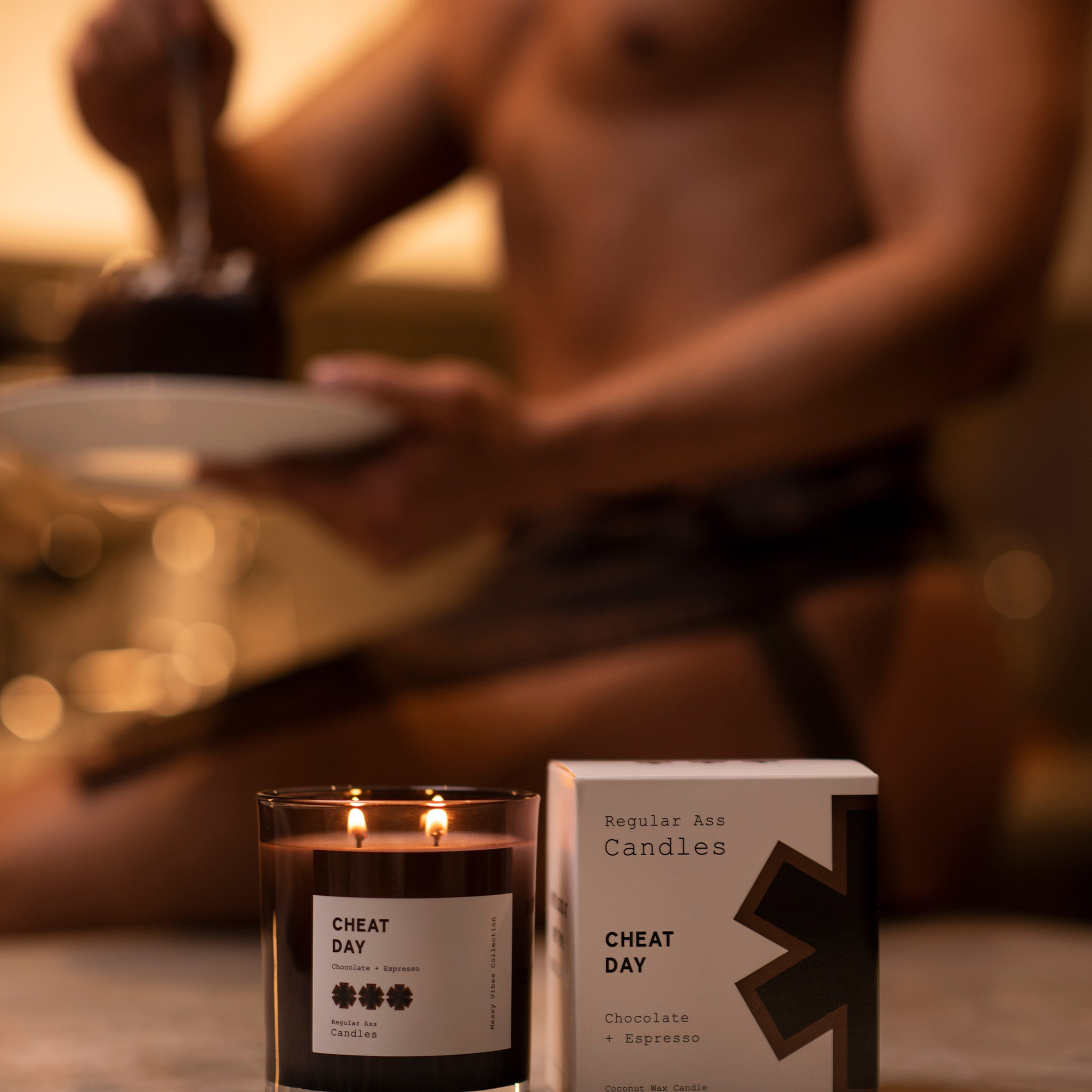 Cheat Day Chocolate + Espresso 11oz Candle in a stylish jar, showcasing its rich aroma and eco-friendly design.