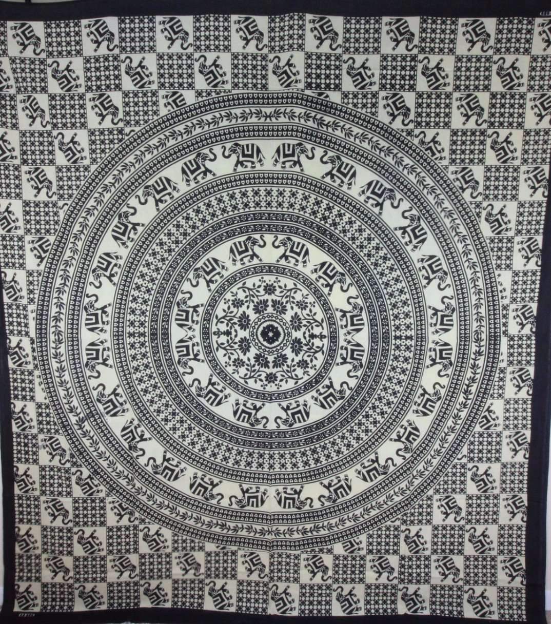 Checkerboard Floral & Elephant Mandala Tapestry featuring intricate flower designs and elephants in black and white.