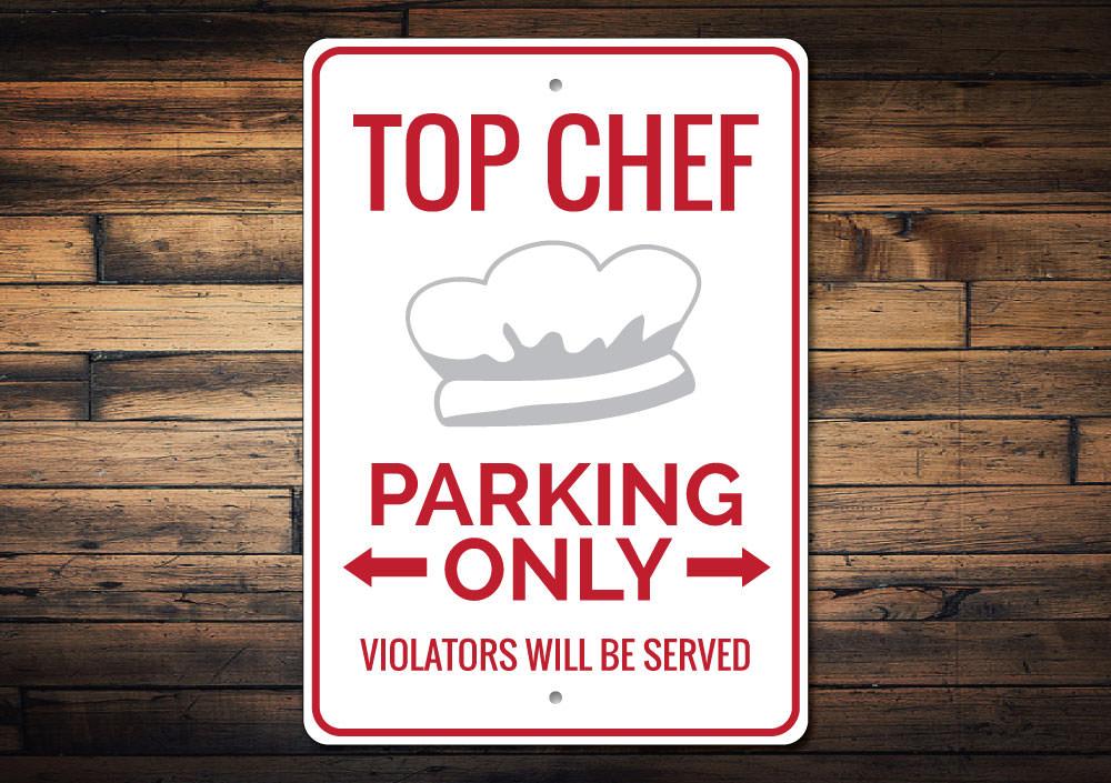 Chef Parking Sign made of durable aluminum, featuring customizable text and unique designs for various vehicles.