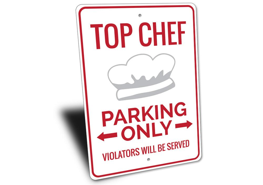 Chef Parking Sign made of durable aluminum, featuring customizable text and unique designs for various vehicles.