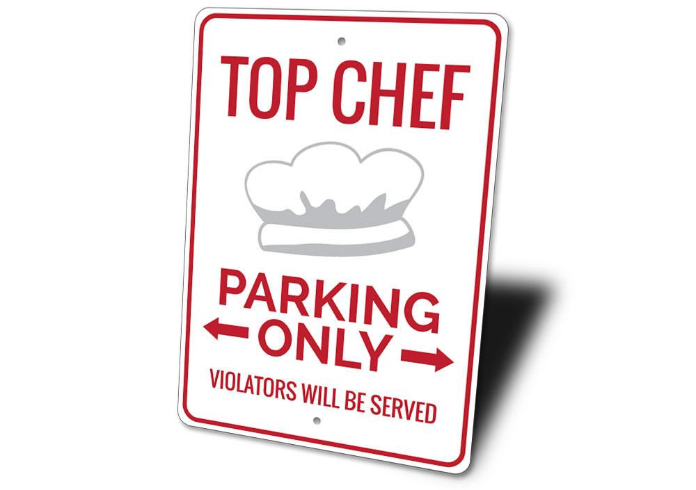 Chef Parking Sign made of durable aluminum, featuring customizable text and unique designs for various vehicles.