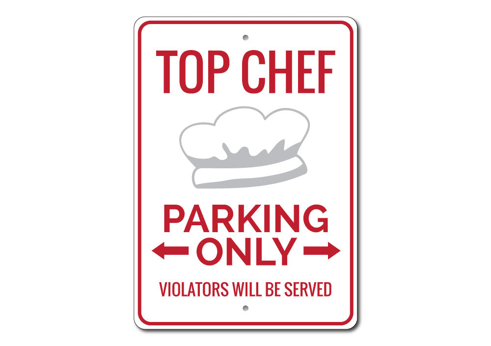 Chef Parking Sign made of durable aluminum, featuring customizable text and unique designs for various vehicles.