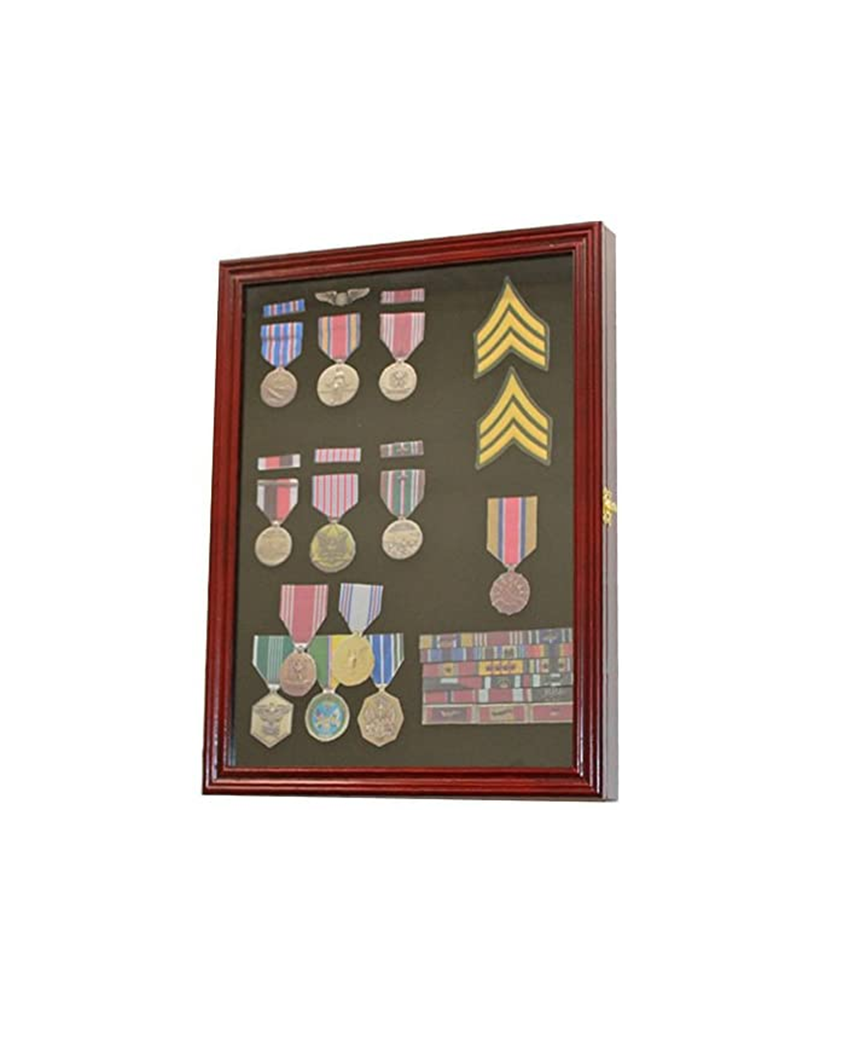 Cherry Finish Display Case Wall Frame Cabinet showcasing military medals with brass hardware and black felt background.