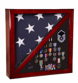 Cherry wood flag and medal display case showcasing a 3'x5' flag with a clear front and black velvet lining.