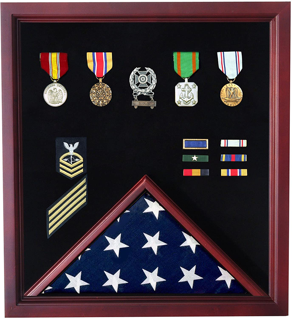 Elegant Cherry Medal and Flag Display Case with glass front and black lining, designed to hold a folded 3' x 5' flag and medals.