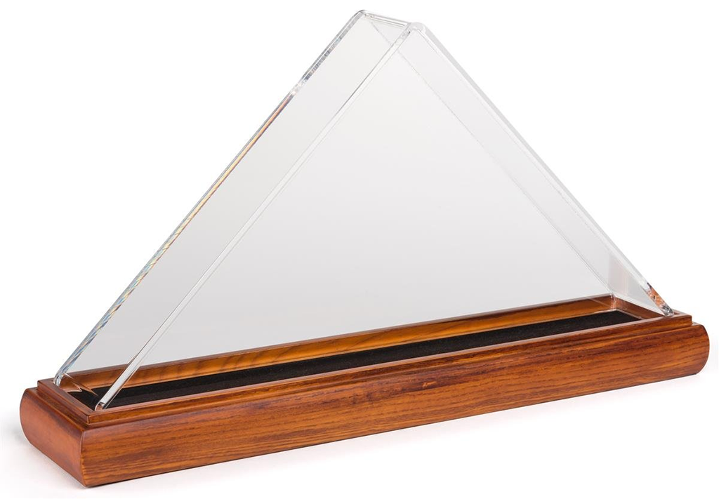 Cherry wood flag display case with clear acrylic cover, showcasing a trifold 3' x 5' flag.