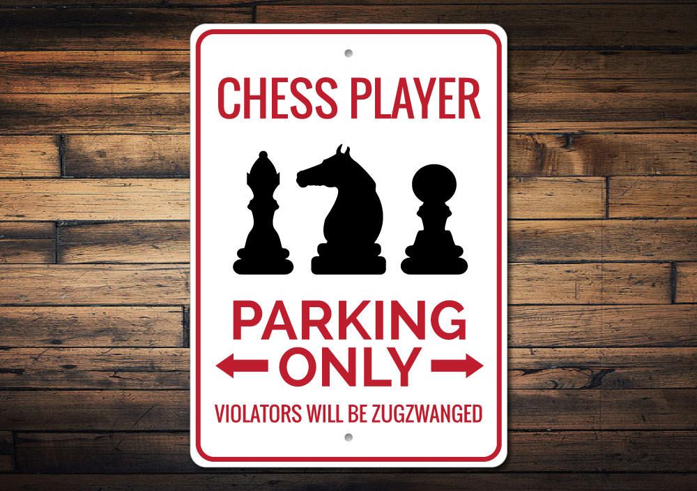 A decorative Chess Player Parking Sign made of durable aluminum, featuring a chess theme, ideal for personal or gift use.