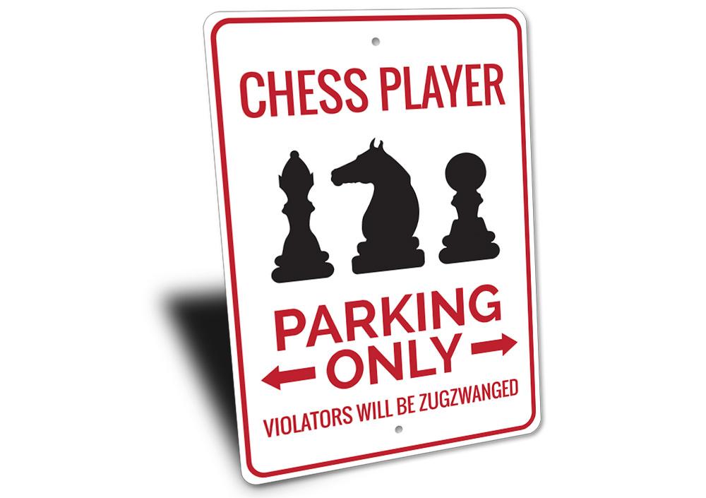 A decorative Chess Player Parking Sign made of durable aluminum, featuring a chess theme, ideal for personal or gift use.