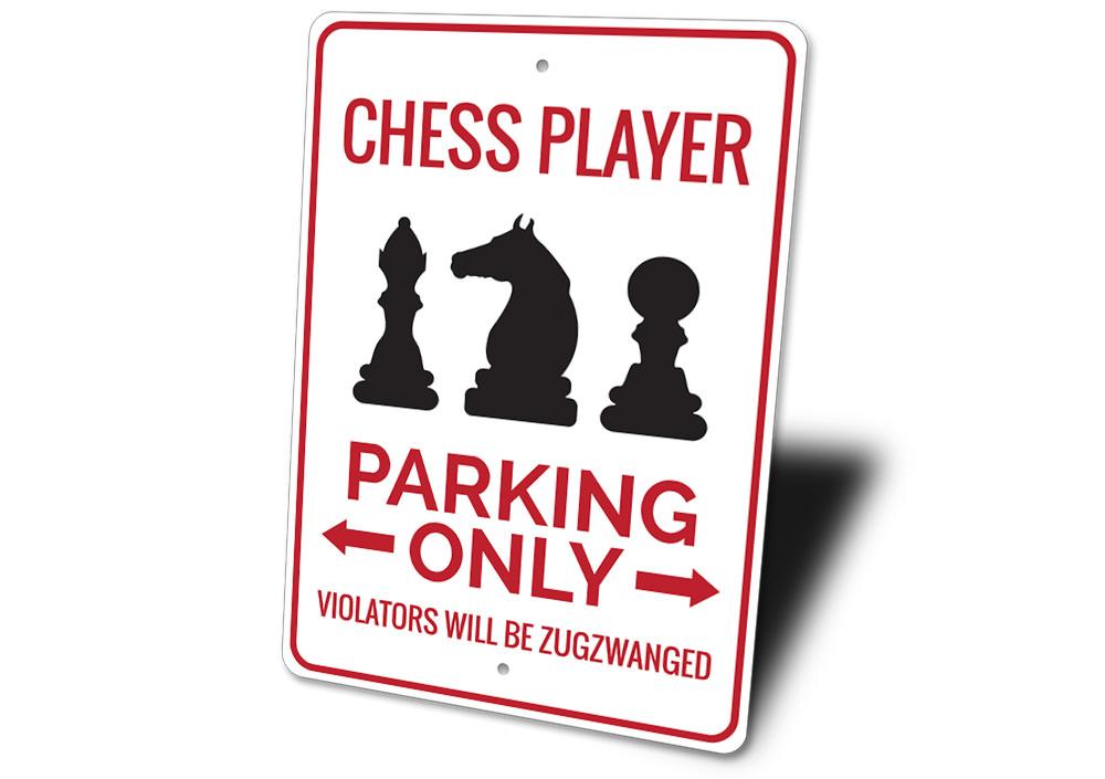 A decorative Chess Player Parking Sign made of durable aluminum, featuring a chess theme, ideal for personal or gift use.