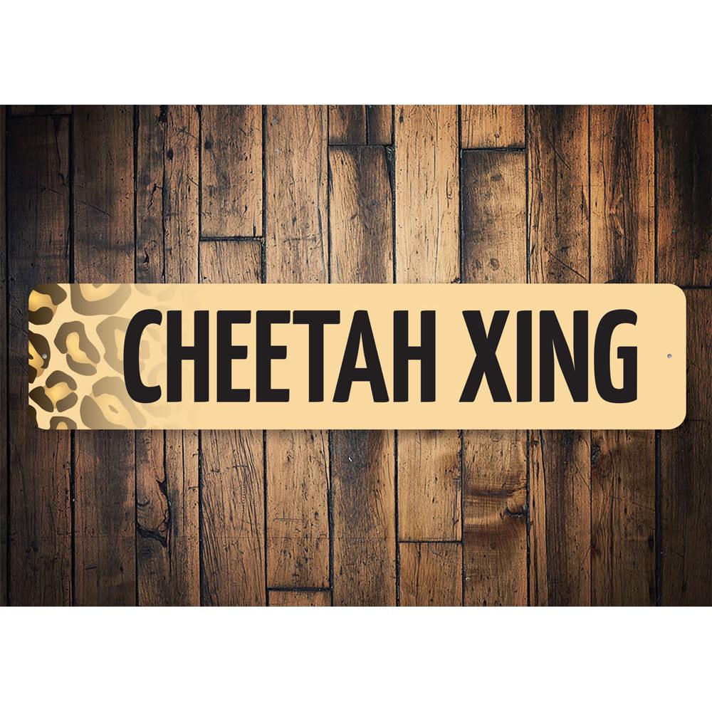 Cheetah Crossing Sign made of durable aluminum, featuring a vibrant design perfect for wall decor.