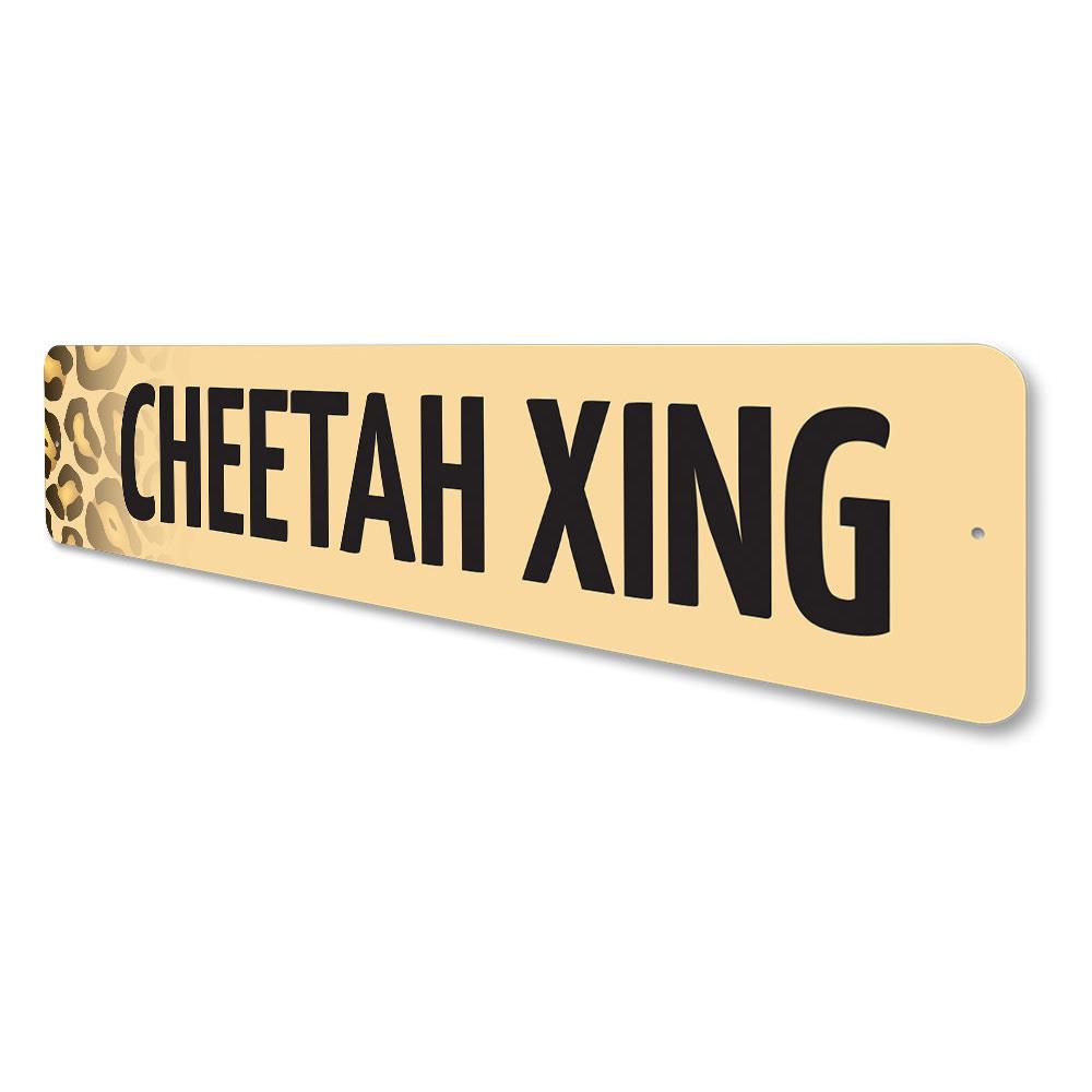 Cheetah Crossing Sign made of durable aluminum, featuring a vibrant design perfect for wall decor.