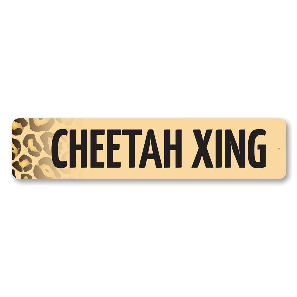 Cheetah Crossing Sign made of durable aluminum, featuring a vibrant design perfect for wall decor.