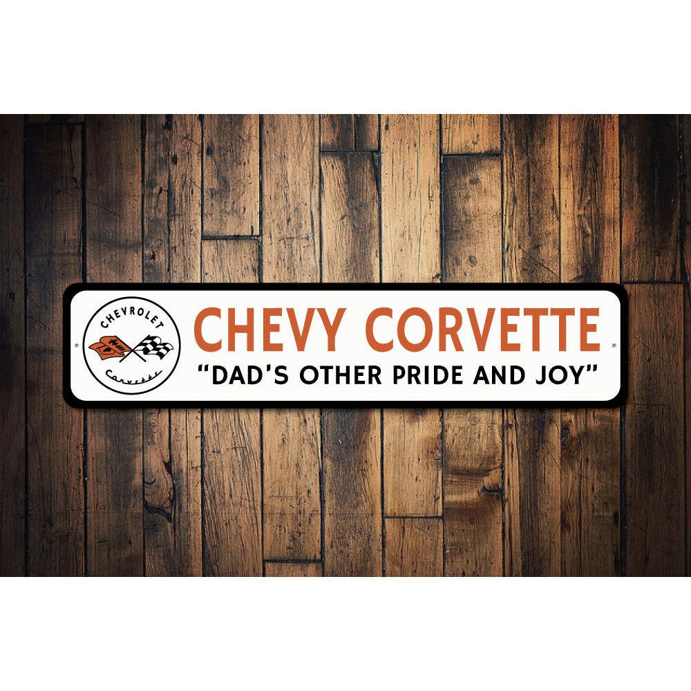 A vibrant Chevrolet Corvette sign made of high-quality aluminum, featuring bold graphics and customizable text, perfect for garages and man caves.