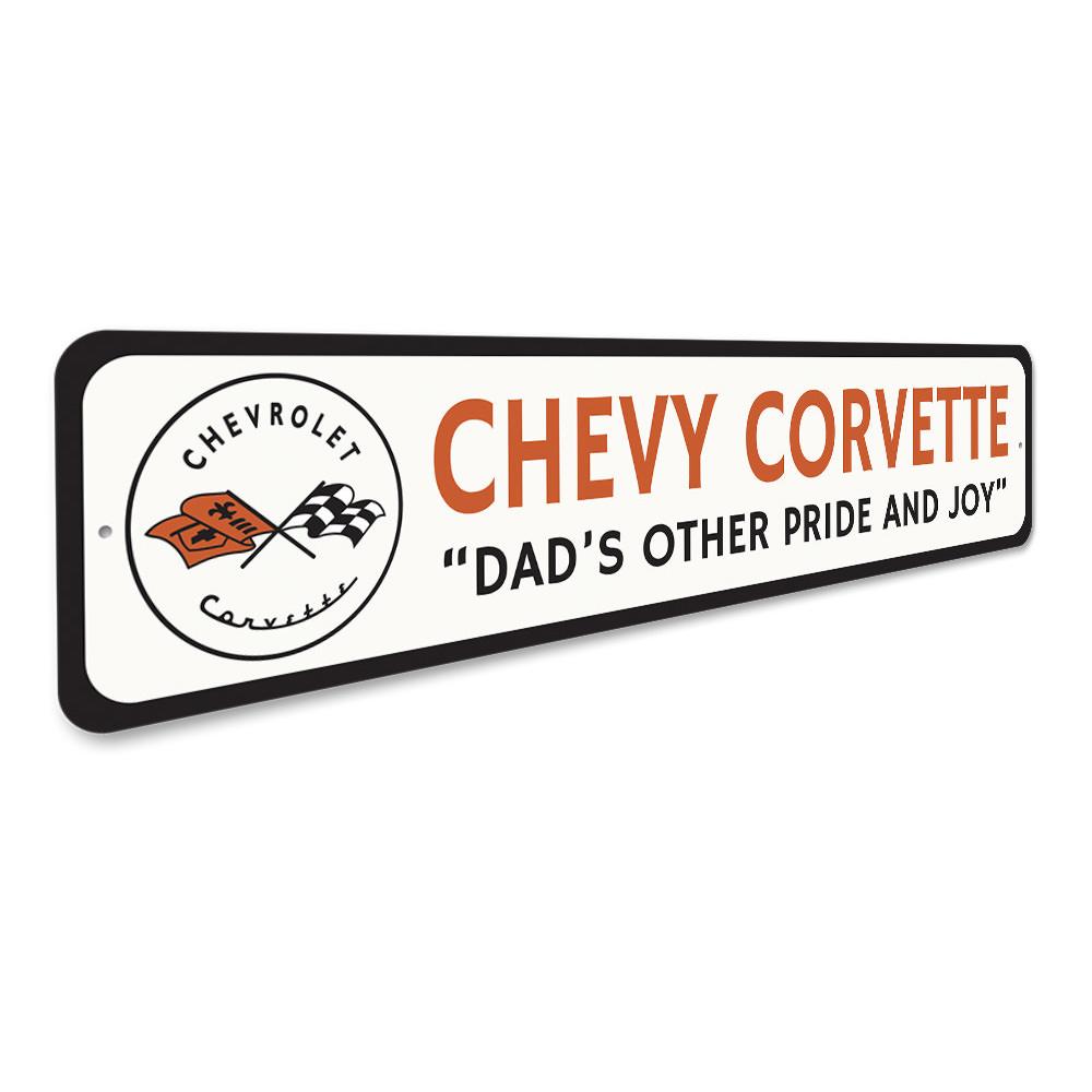 A vibrant Chevrolet Corvette sign made of high-quality aluminum, featuring bold graphics and customizable text, perfect for garages and man caves.