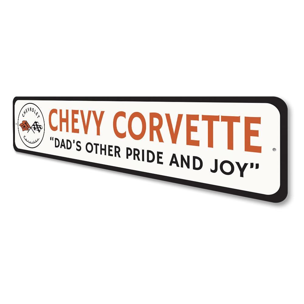 A vibrant Chevrolet Corvette sign made of high-quality aluminum, featuring bold graphics and customizable text, perfect for garages and man caves.