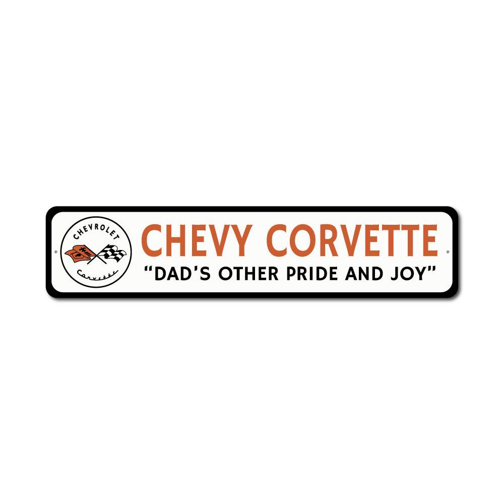 A vibrant Chevrolet Corvette sign made of high-quality aluminum, featuring bold graphics and customizable text, perfect for garages and man caves.