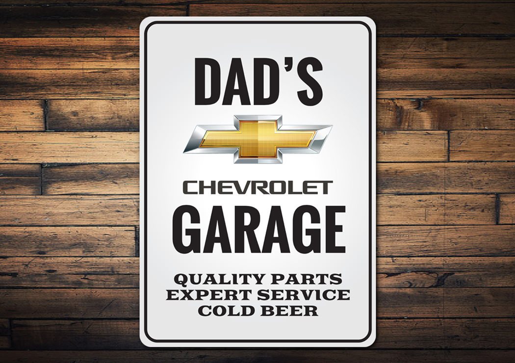 A stylish Chevrolet Garage Sign made of high-quality aluminum, featuring customizable text and pre-drilled holes for easy mounting.