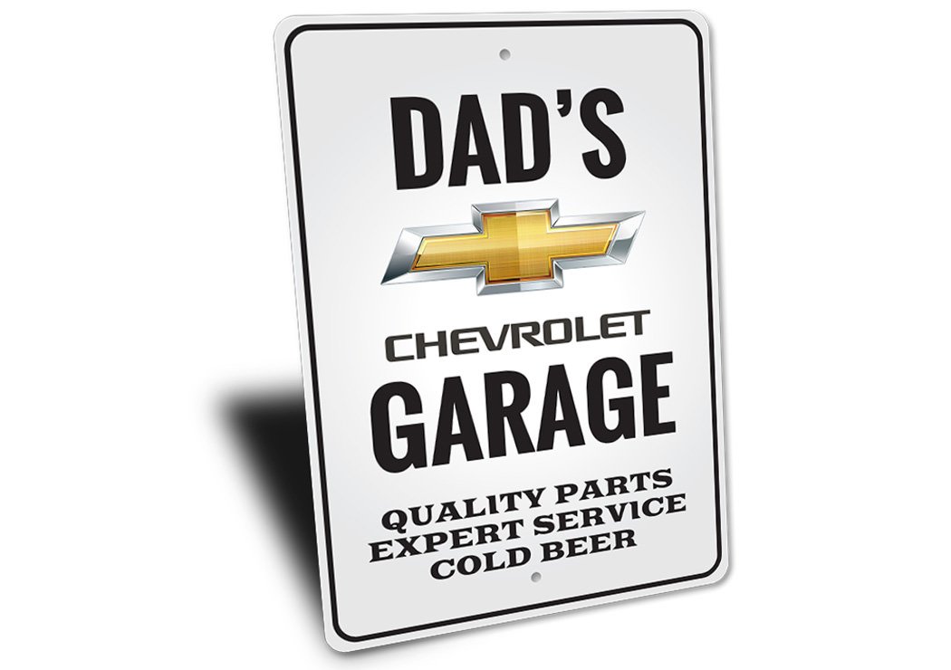 A stylish Chevrolet Garage Sign made of high-quality aluminum, featuring customizable text and pre-drilled holes for easy mounting.