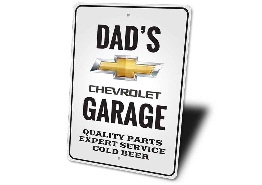 A stylish Chevrolet Garage Sign made of high-quality aluminum, featuring customizable text and pre-drilled holes for easy mounting.